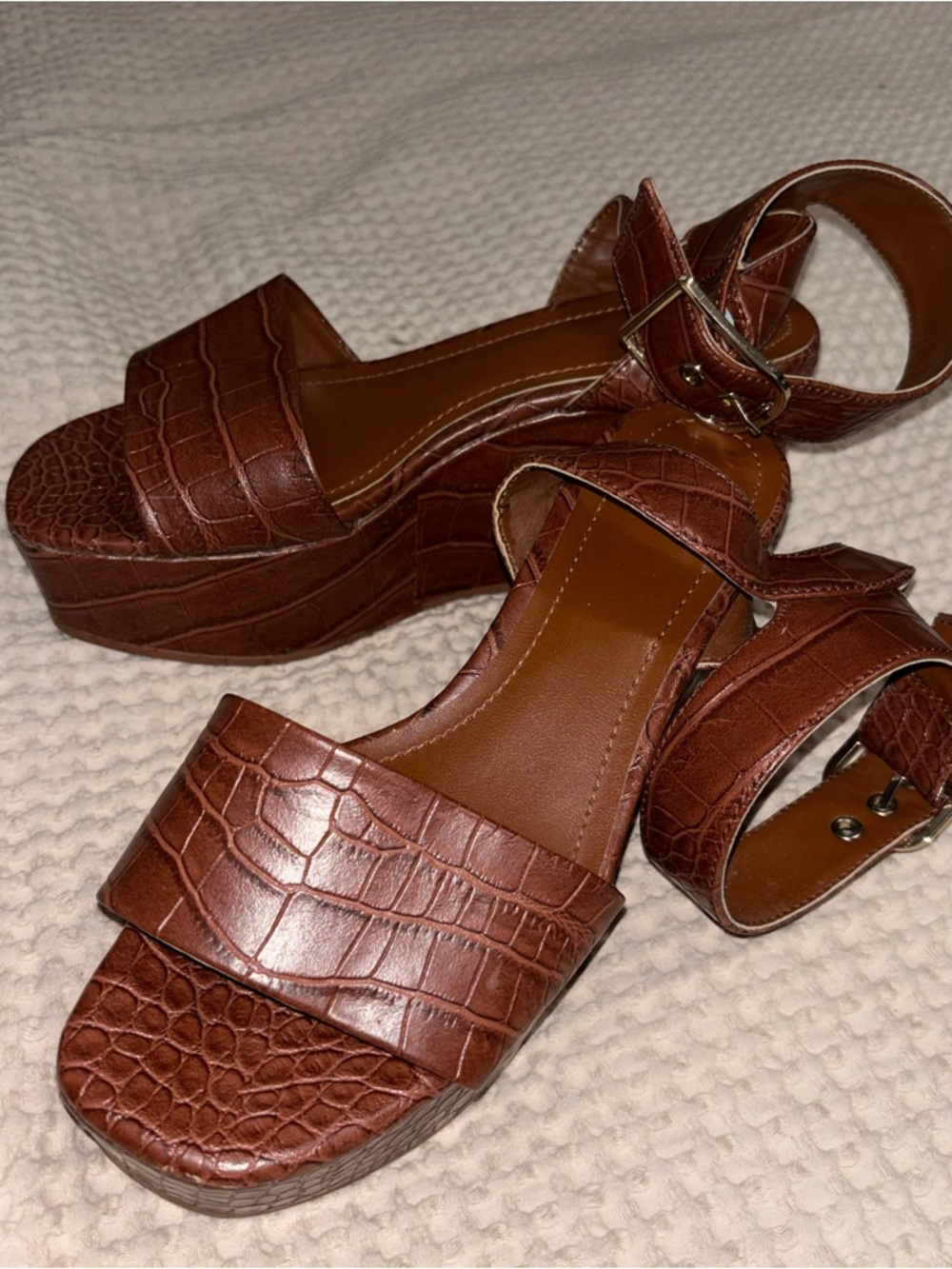 H&M Brown Croc-Embossed Platform Sandals with Ankle Buckle